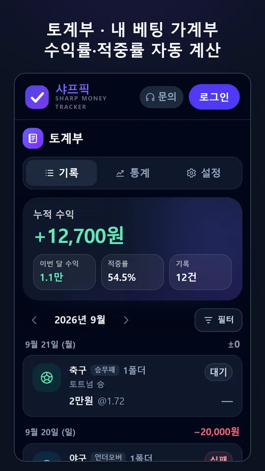 샤프픽 토계부 화면 — 누적 수익, 이번 달 수익, 적중률, 날짜별 베팅 기록